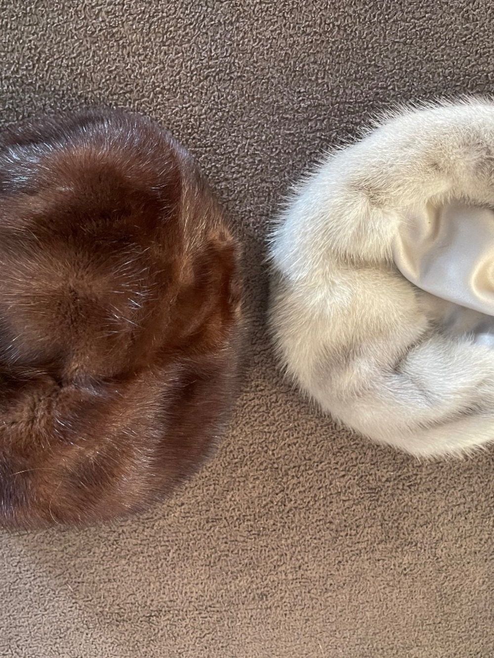 Vintage faux mink caps in caramel brown and winter white